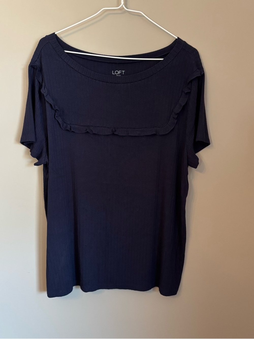 LOFT Navy Blue Ribbed Top Women’s XL Ruffle Short Sleeve Blouse